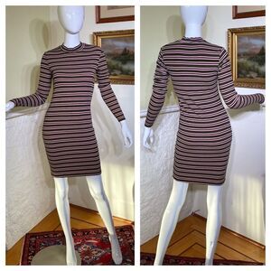 American Apparel Striped Ribbed Mock Turtleneck Long Sleeve Mini Dress